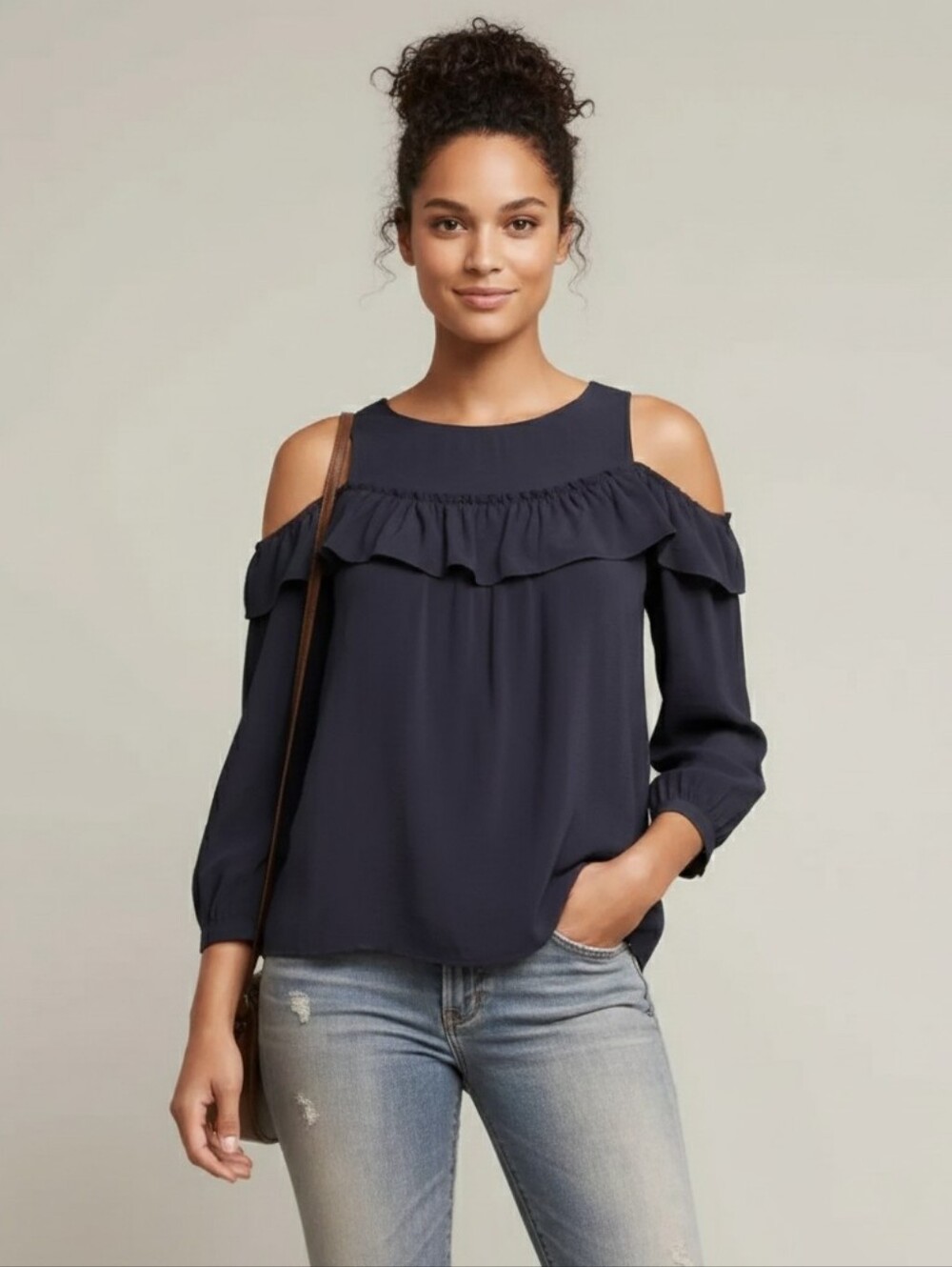 Anthropologie Maeve Brearly Open Shoulder Ruffle Shirt